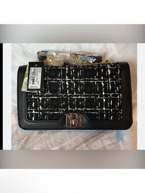 Badgley Mischka Black and White Tweed Flap Crossbody with Gold Accent